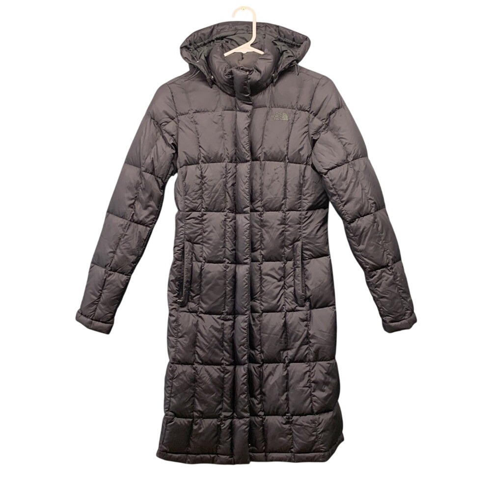 The North Face 550 Hooded Puffer Parka Coat Womens XS Gray Long Warm Winter